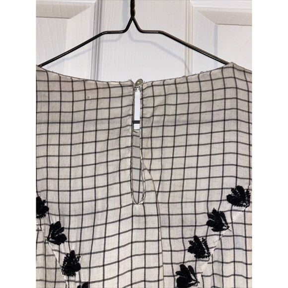 Zara Trafaluc Blouse Grid White Black Embroidered Side Tie Top Size Medium Fall - Picture 8 of 8